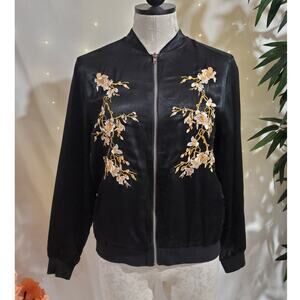 Harlowe & Graham Satin Asian Floral Embroidered Zip Bomber Jacket XS Black Y2K